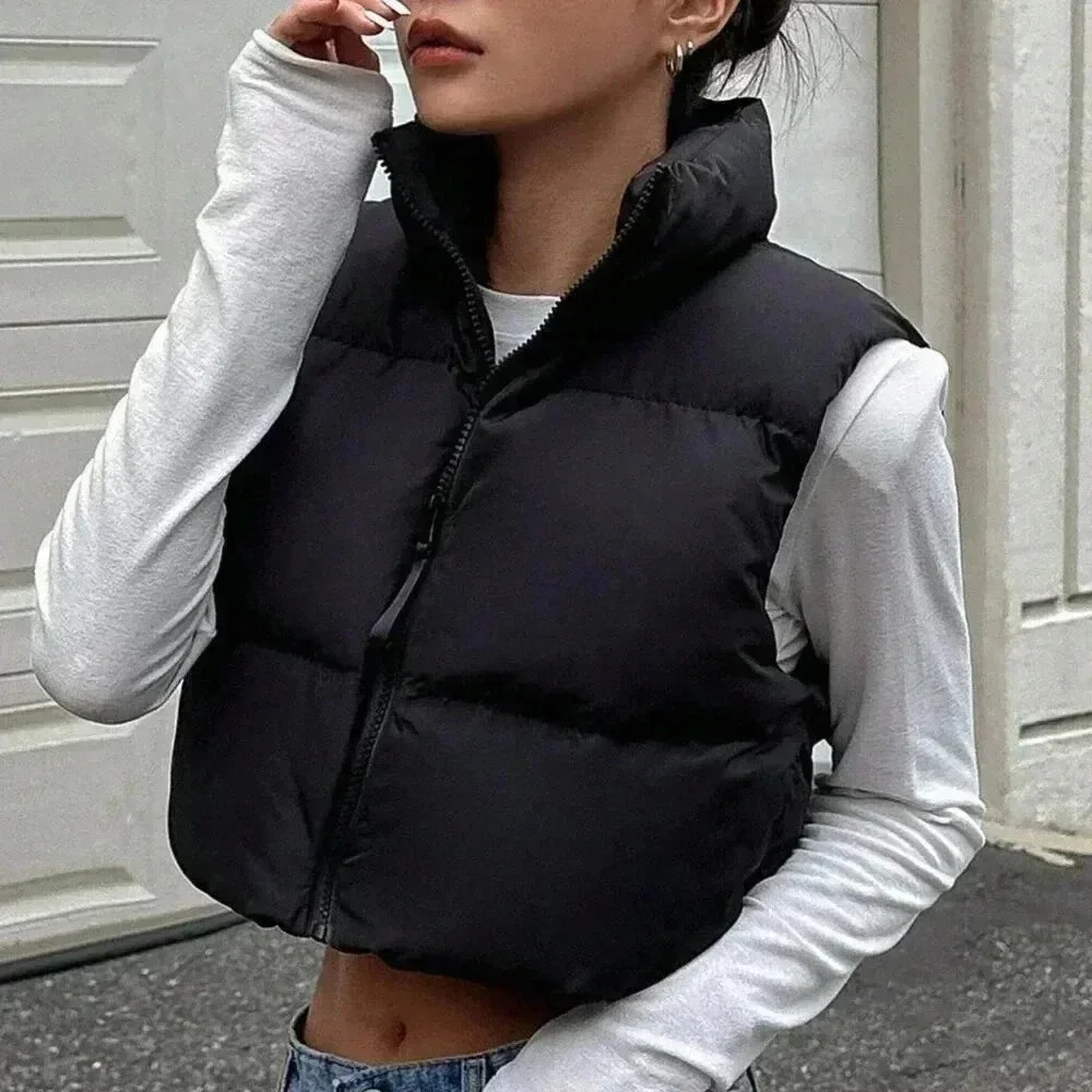 Black Casual Women's Zip Up Crop Vest Puffer Thick Coat